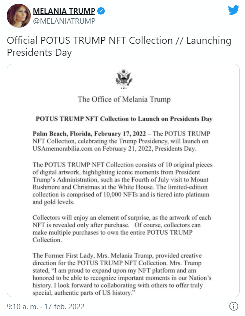 Melania Trump informo por medio de su red social Twitter, el lanzamiento de su nueva colección NFT denominada "POTUS TRUMP NFT". Fuente: Twitter